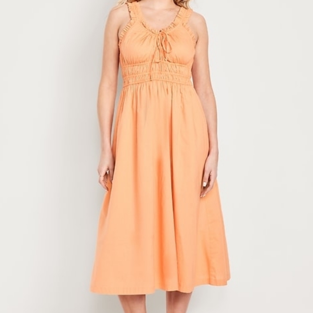NWT - Old Navy Lawn Cotton Waist-Defined Ruffled Peach Midi Dress - Size L Tall